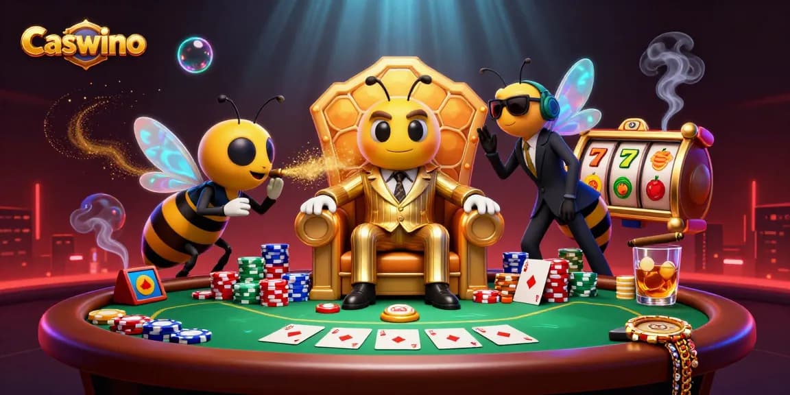 Caswino casino scene with a bumblebee mob boss and vibrant gaming elements
