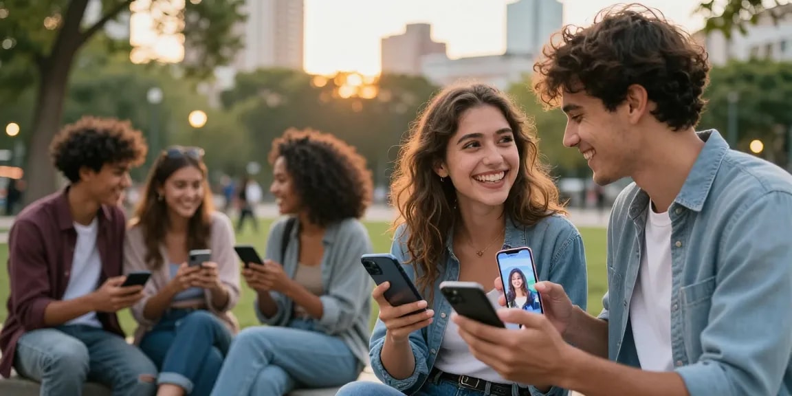 AI girlfriend interaction in a vibrant urban park, showcasing young couples enjoying modern relationships.