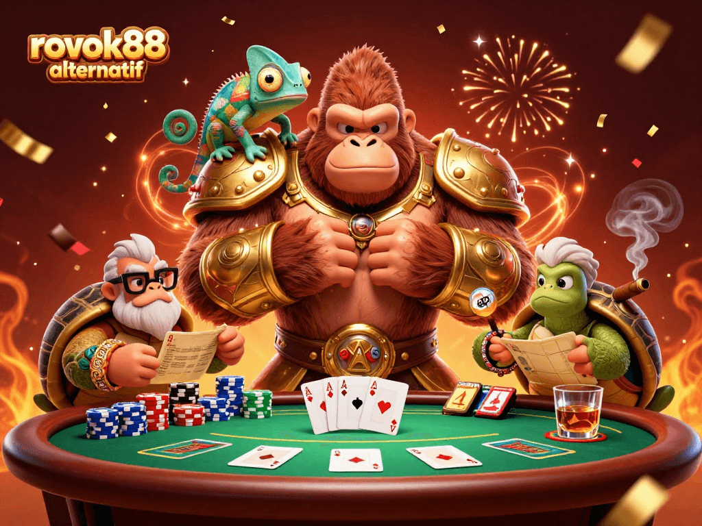 Experience excitement with rokok88 alternatif, as vibrant characters play at a colorful poker table.