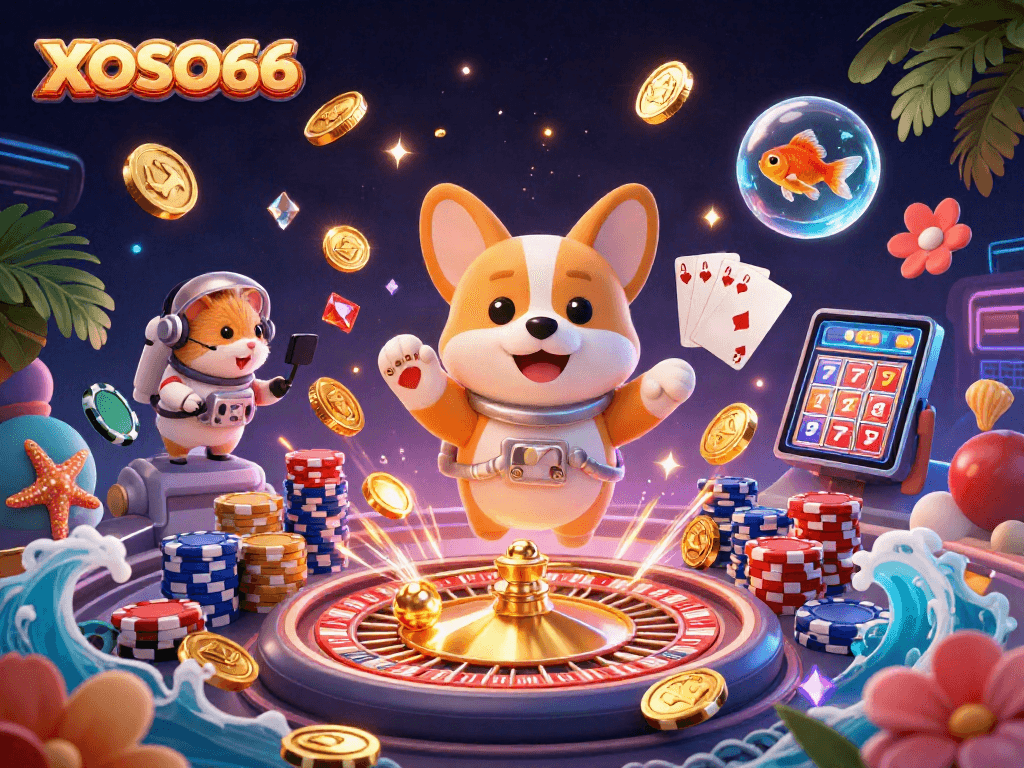 XOSO66's 3D astronaut corgi spins a roulette wheel in a vibrant cosmic casino scene.