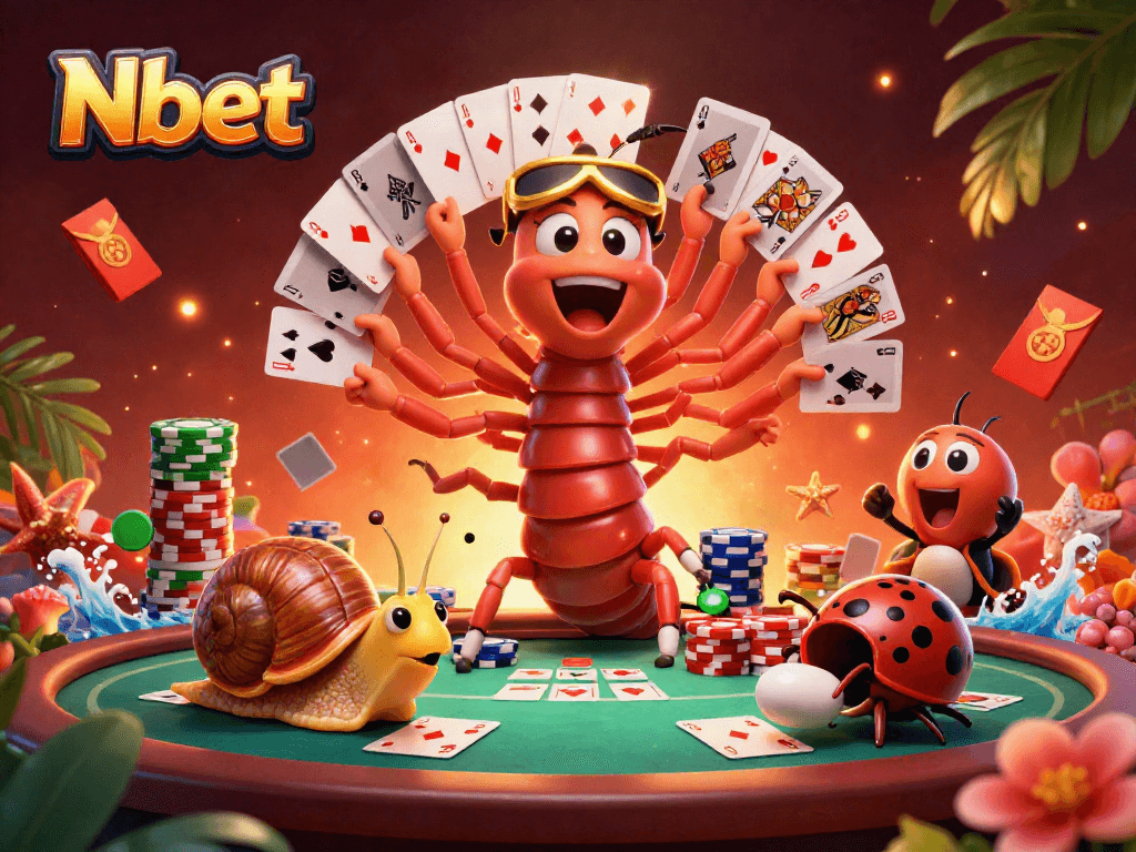 Nbet brings excitement with a cartoon millipede dealer surrounded by poker action.