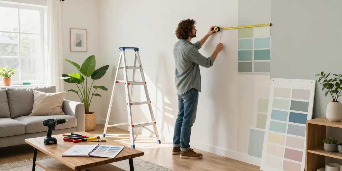 Homeowner measuring wall space with seanbowieforaz paint swatches and tools in a bright living room.