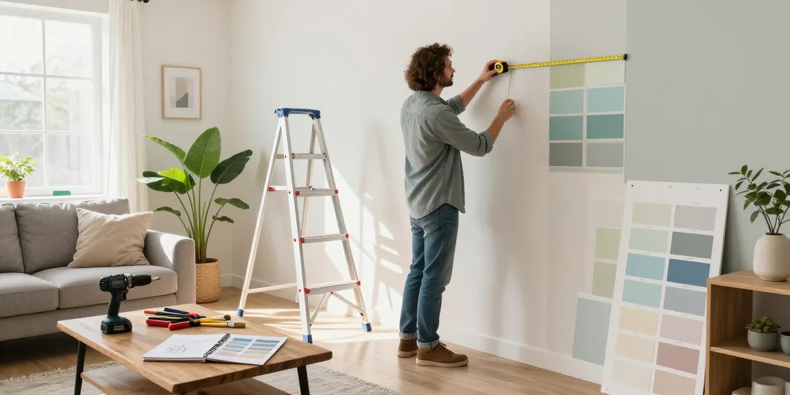 Homeowner measuring wall space with seanbowieforaz paint swatches and tools in a bright living room.