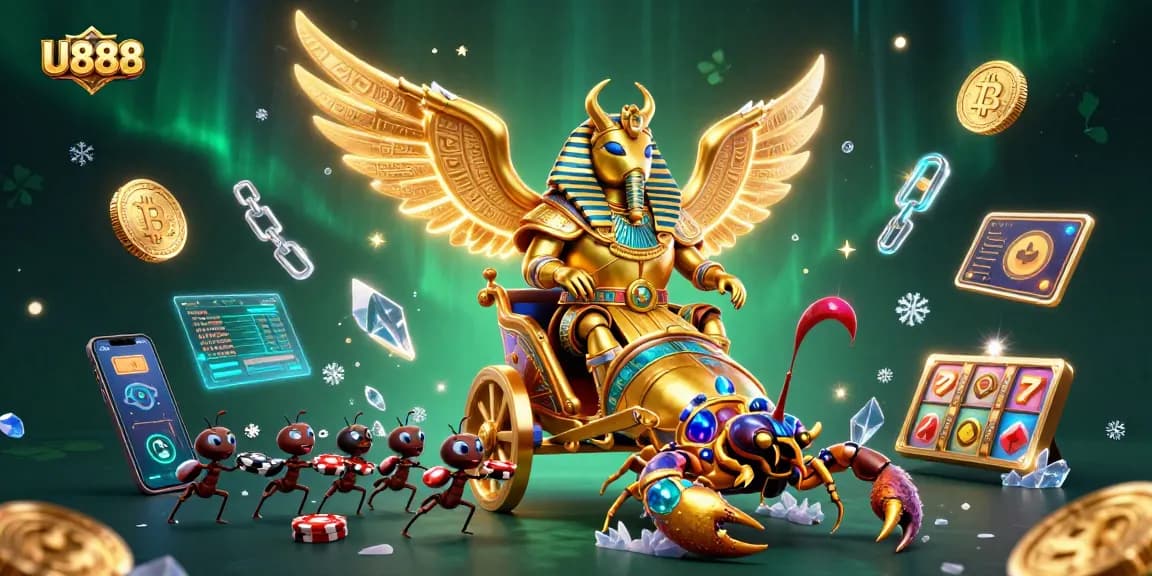 Experience U888's thrilling slots with a golden scarab beetle riding in a chariot.