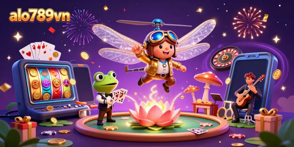 Experience excitement with alo789vn as a dragonfly pilot hovers over a vivid casino scene