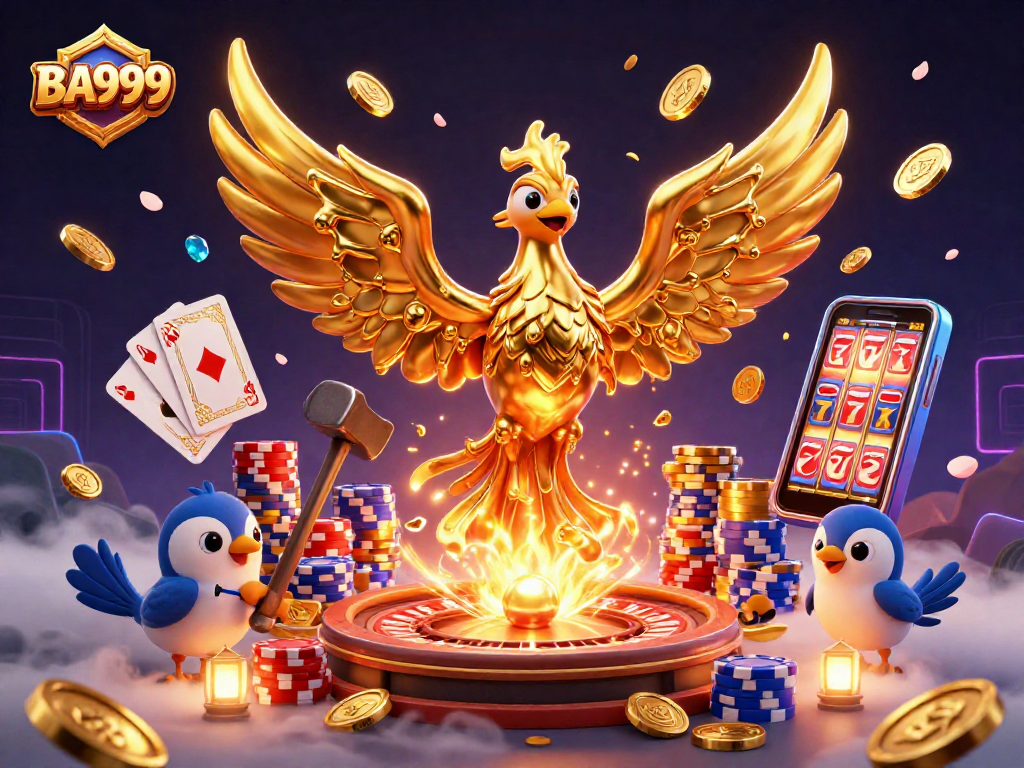 Experience the thrill of BA999 with a golden phoenix and vibrant casino elements in this dynamic illustration.