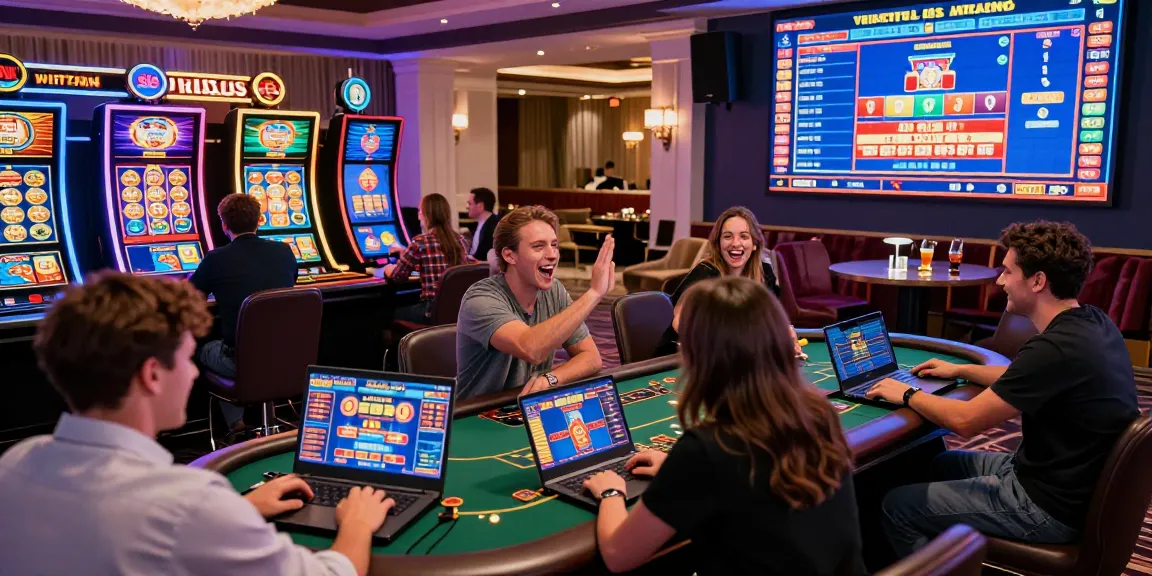 Players enjoying situs judi with laptops and virtual games in a lively casino atmosphere.