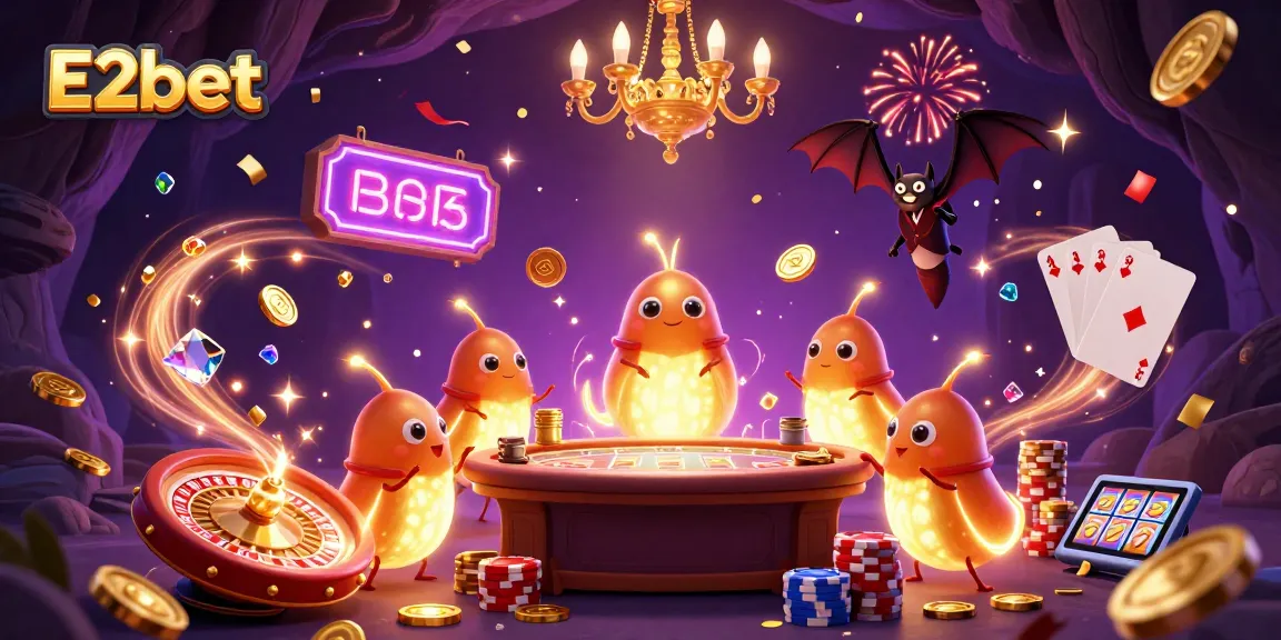 Join the excitement at E2bet with dazzling glowworms lighting up a vibrant casino scene.