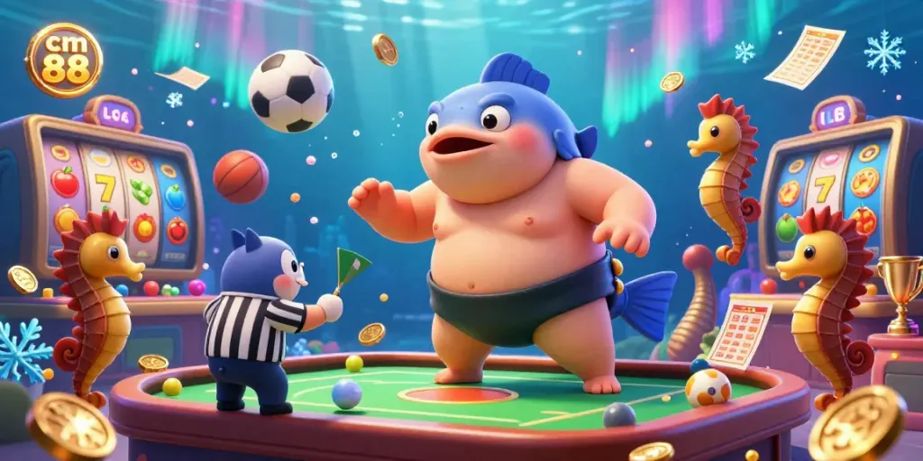 Experience cm 88 casino action featuring fugu, catfish, and seahorse in vibrant 3D illustration.