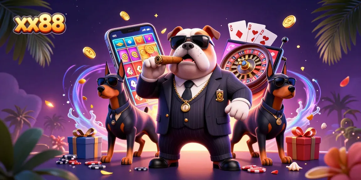Join the action at xx88 with a vibrant casino illustration featuring a mafia bulldog and gaming elements.