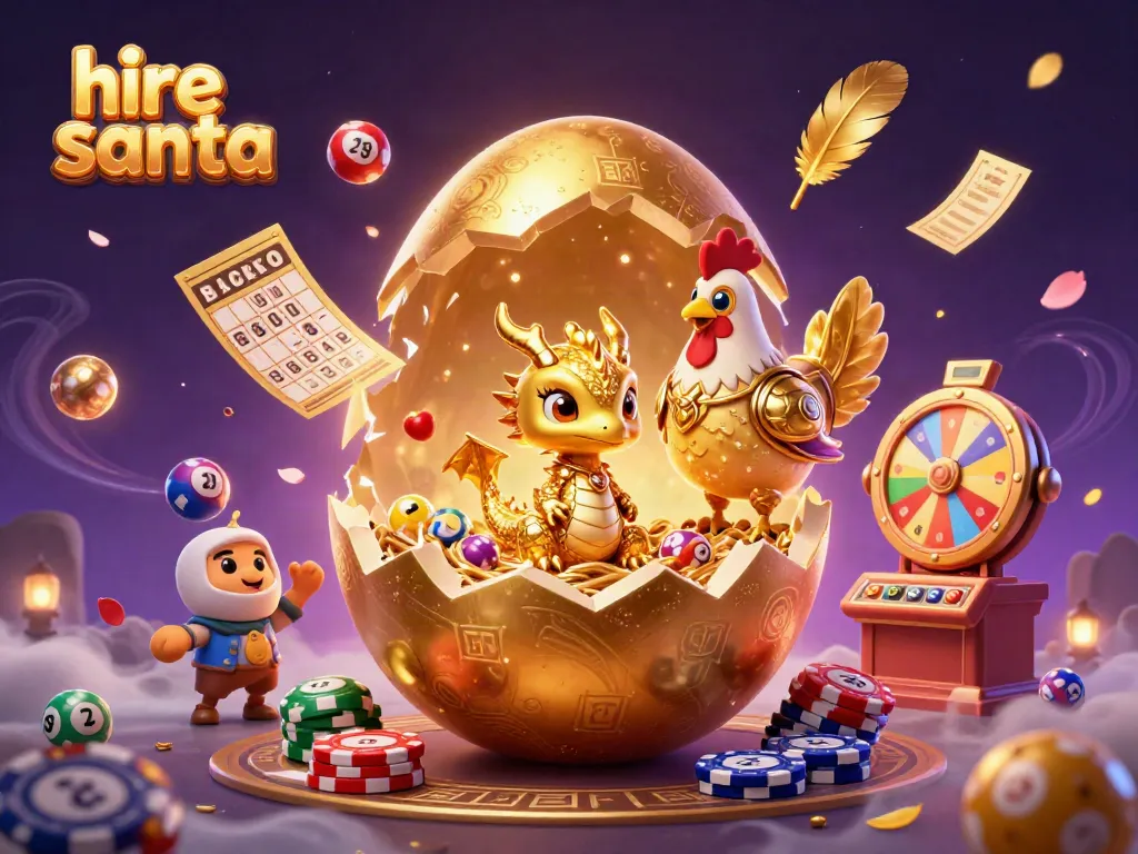 Hire Santa with dynamic lottery elements and golden characters creating a festive gambling atmosphere.