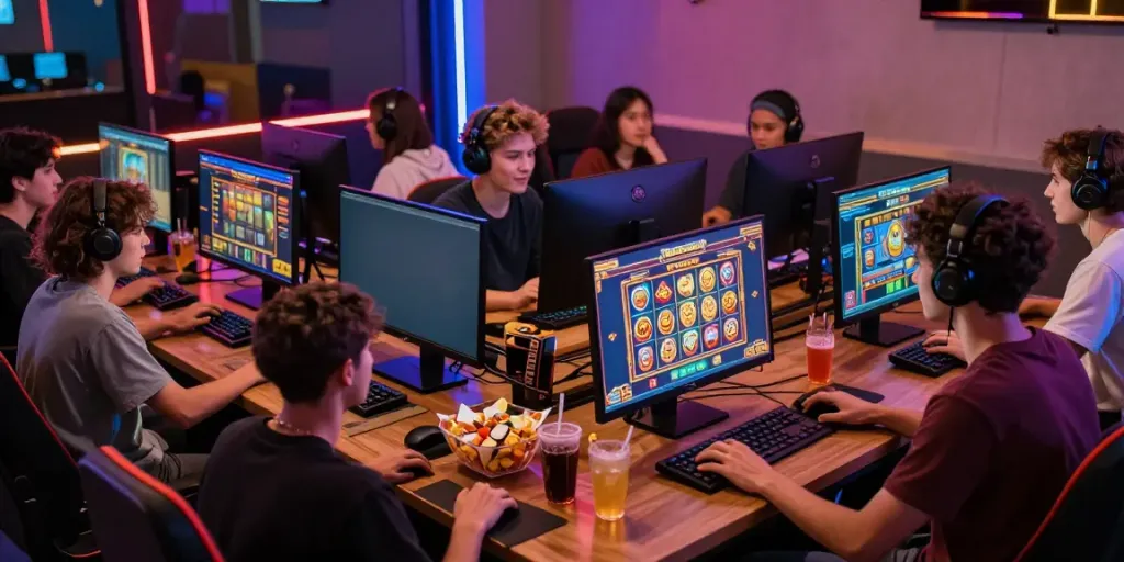 Suasana permainan slot gacor di ruang permainan modern dengan pemain beragam bersemangat.