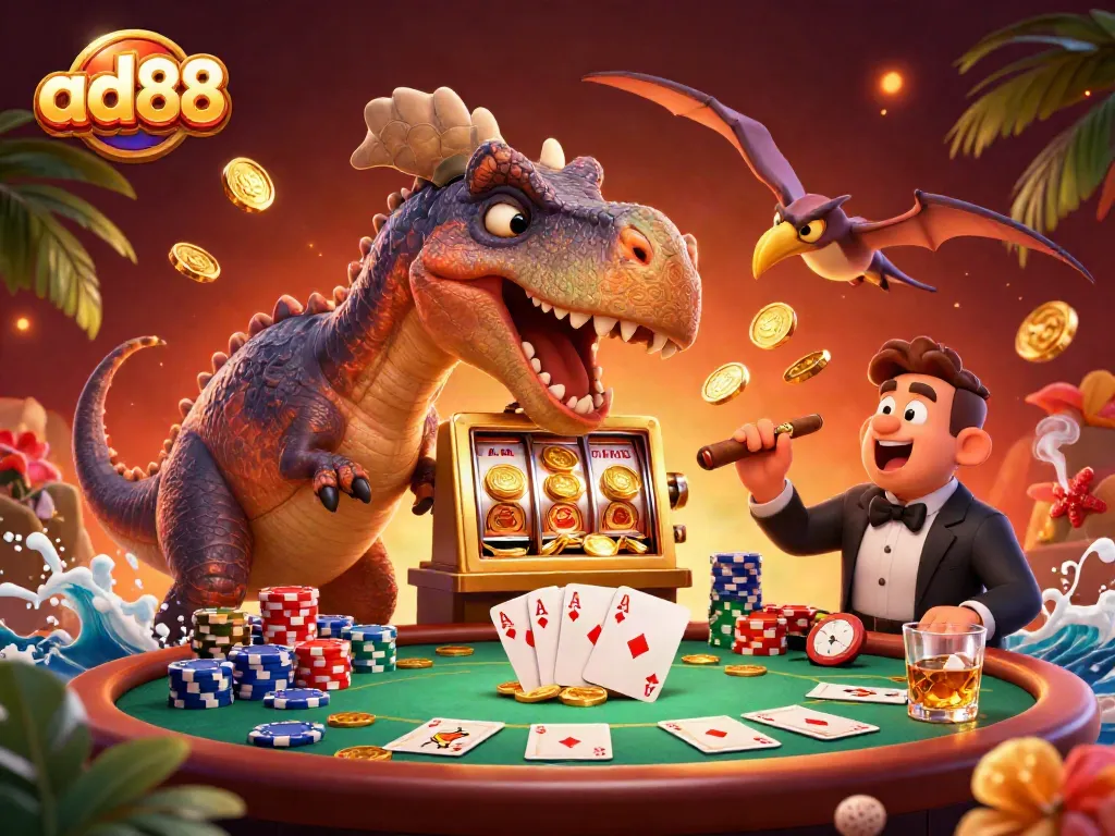 ad88 casino scene with a pachycephalosaurus winning jackpot coins, thrilling gambling action.