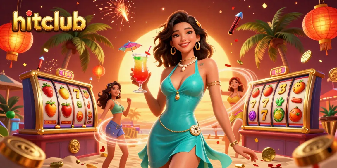 Engage with hitclub's exciting vibrant atmosphere featuring 3D slot reels and a glamorous tropical scene.