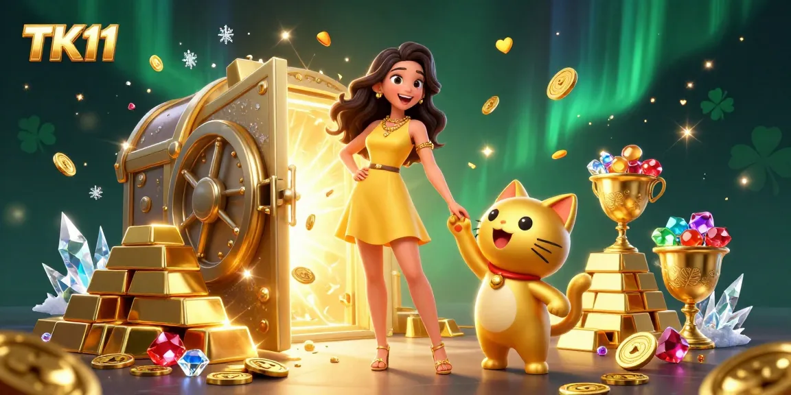 Engage with TK11's exciting world of online gambling, featuring joyful characters amidst treasures.