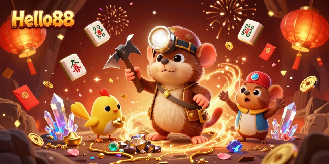 Hello88 casino treasure hunter mole mining for gems with fireworks and red lanterns