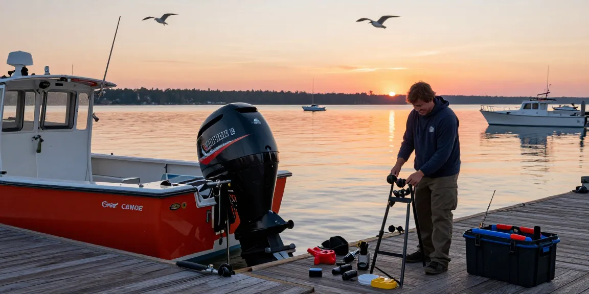Assembling an outboard motor stand at sunset on a marina dock, enhancing boating lifestyle.