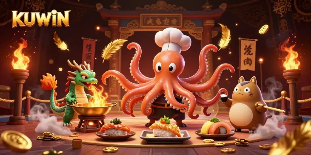 Engage with exciting KUWIN experiences featuring vibrant casino elements and dynamic cooking characters.