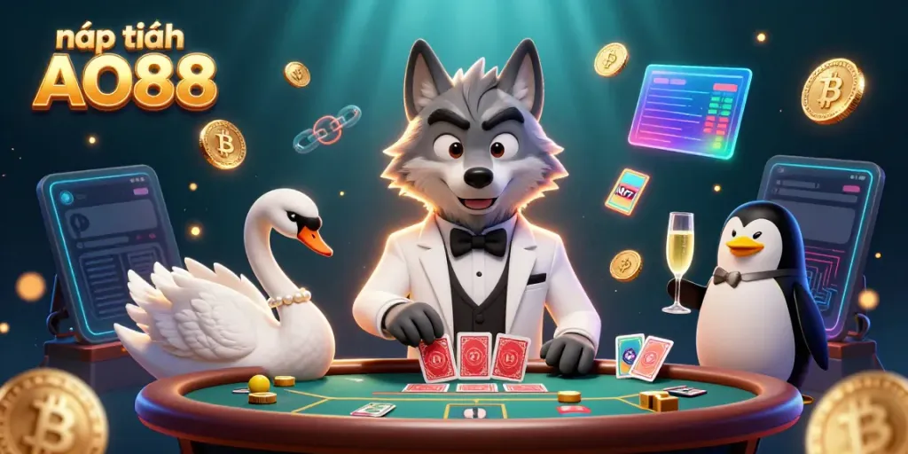 Experience the excitement of nạp tiền AO88 with a vibrant casino scene featuring charismatic characters and crypto elements.