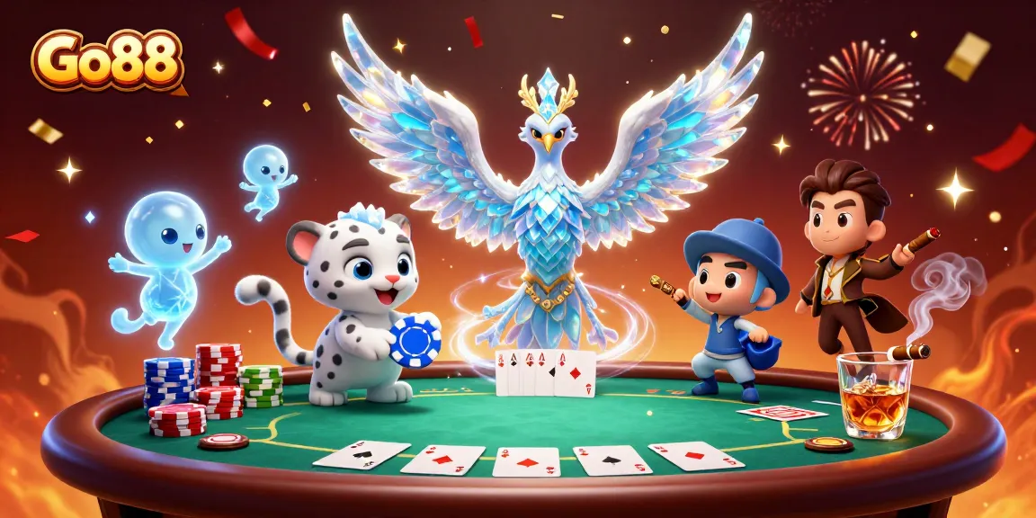 Engage with Go88's vibrant gaming scene featuring a playful snow leopard cub and a mystical ice phoenix.