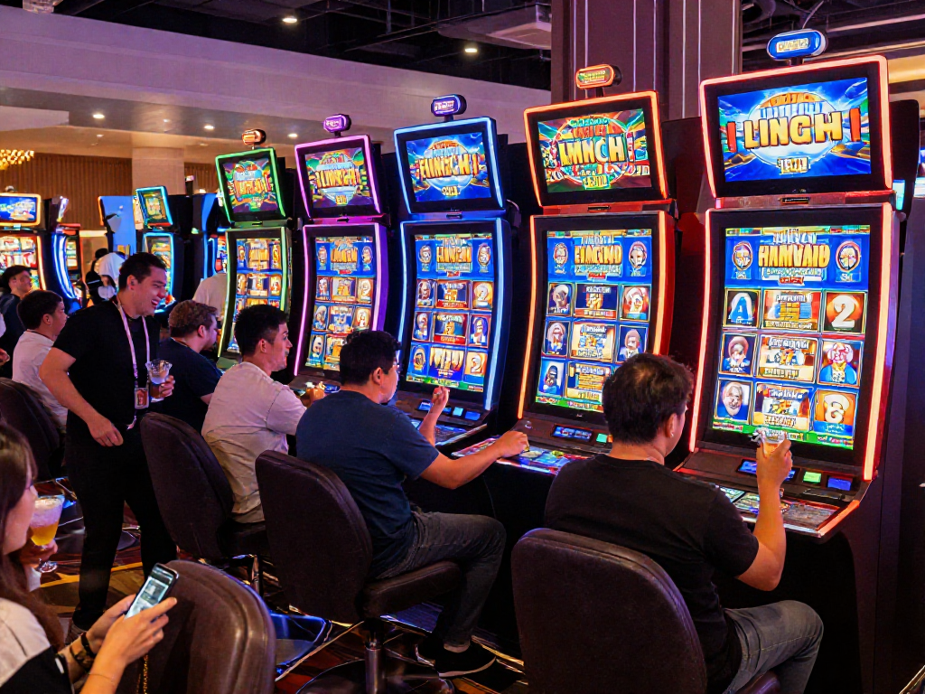 Players celebrate a big slot jackpot win in a lively casino setting.