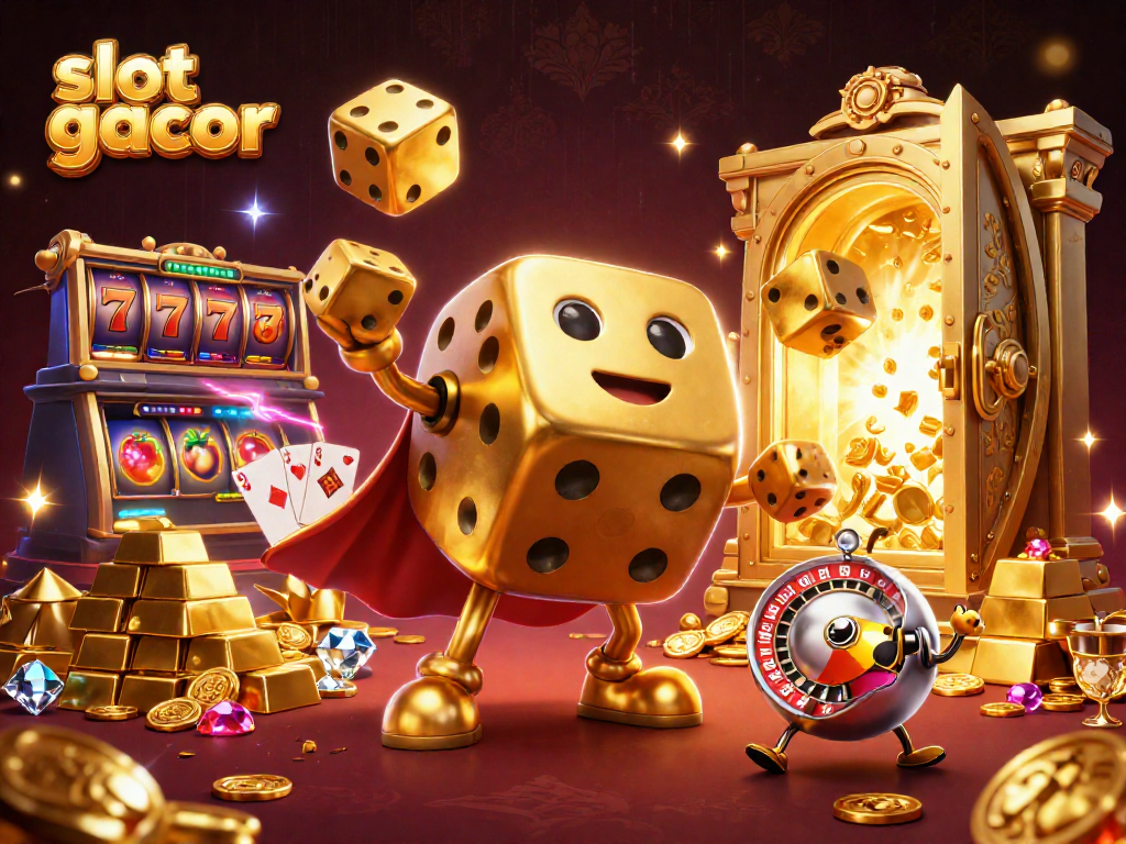 Experience slot gacor excitement with a golden dice golem juggling jewels in a vibrant casino scene.