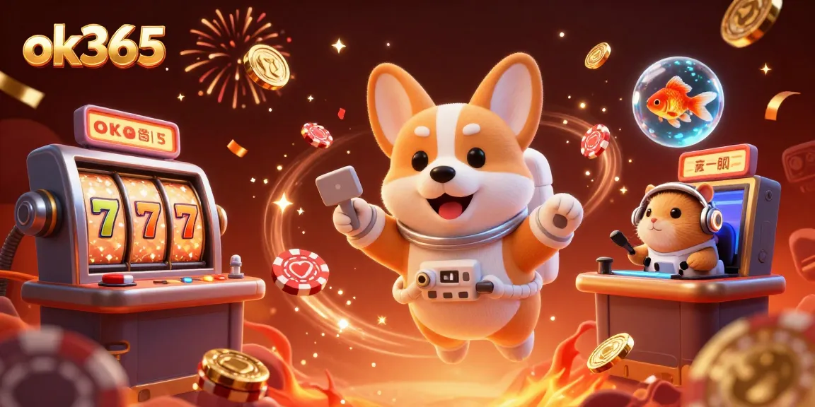 Experience slot excitement with ok365, as a corgi astronaut plays in a casino with vibrant elements