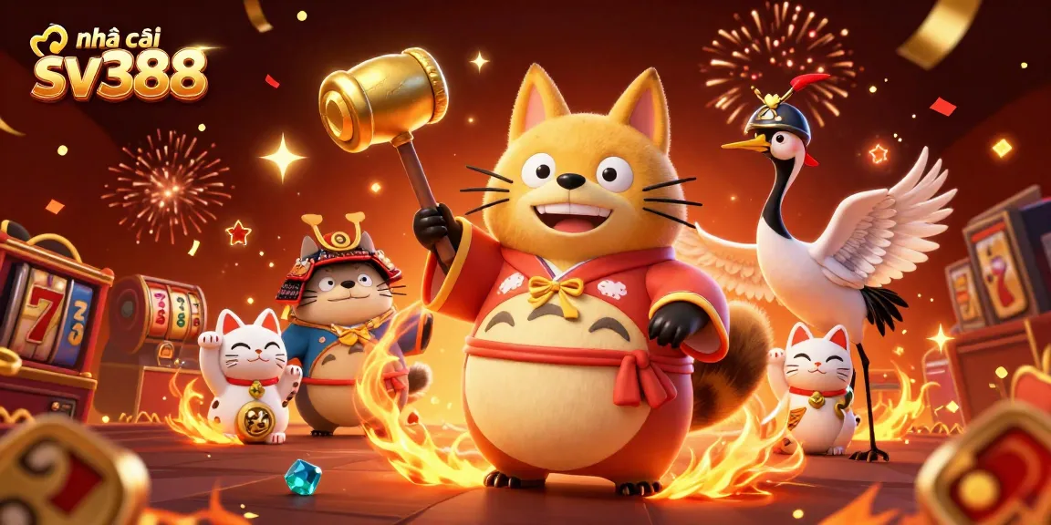 Betting on nhà cái sv388 with cheerful tanuki and festive elements creates a vibrant online gambling atmosphere.