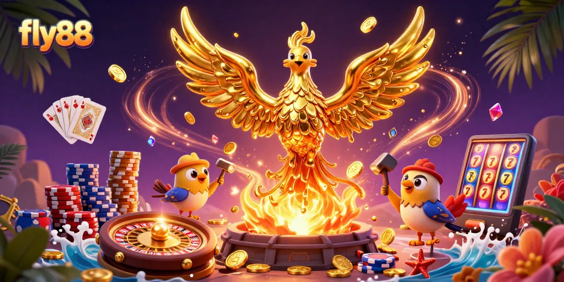 Experience the thrill of fly88 casino with a golden phoenix rising amidst dynamic gaming elements.