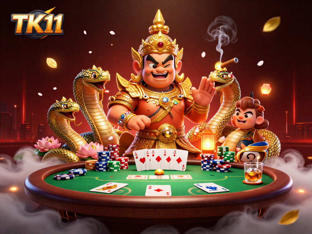 Experience strategic poker gaming at TK11 with vibrant 3D casino art featuring guardians and winning elements.