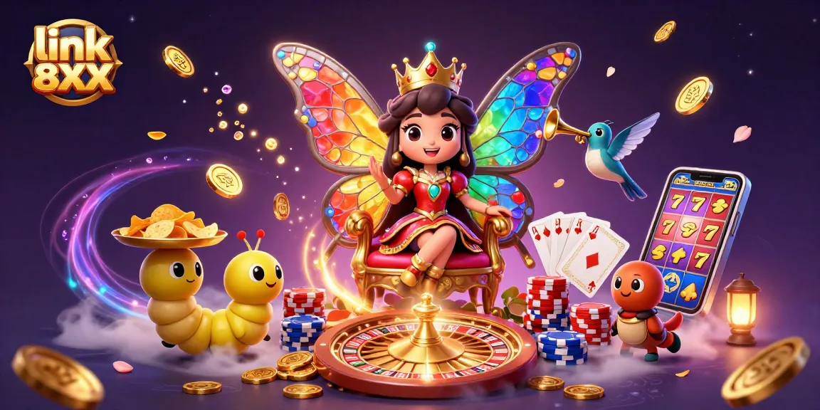Spin the reels and win big with link 8XX in this vibrant casino illustration