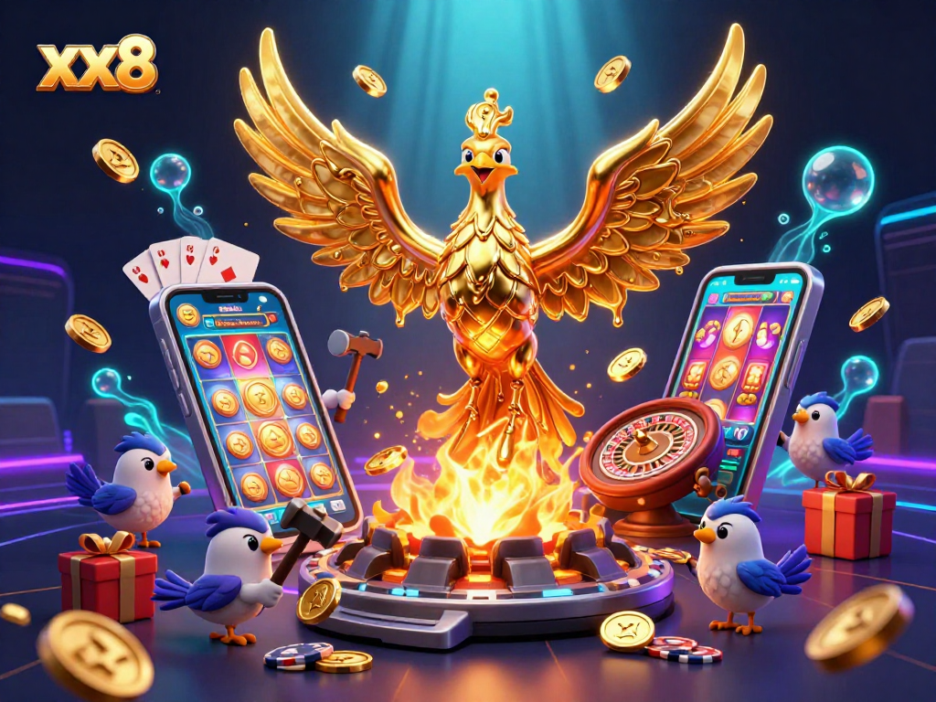 Experience the vibrant thrill of xx8 with a molten golden phoenix surrounded by exciting casino games.