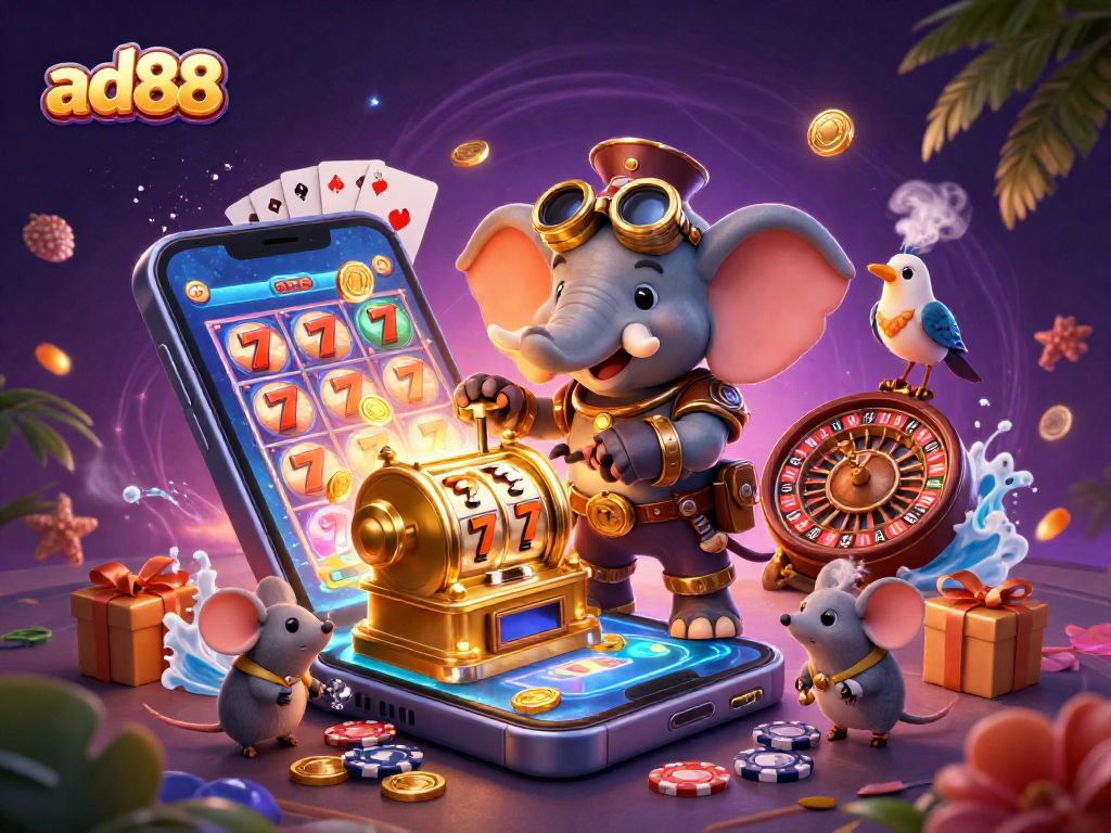 Spin and win with ad88's lively steampunk-themed casino adventure featuring an elephant engineer.