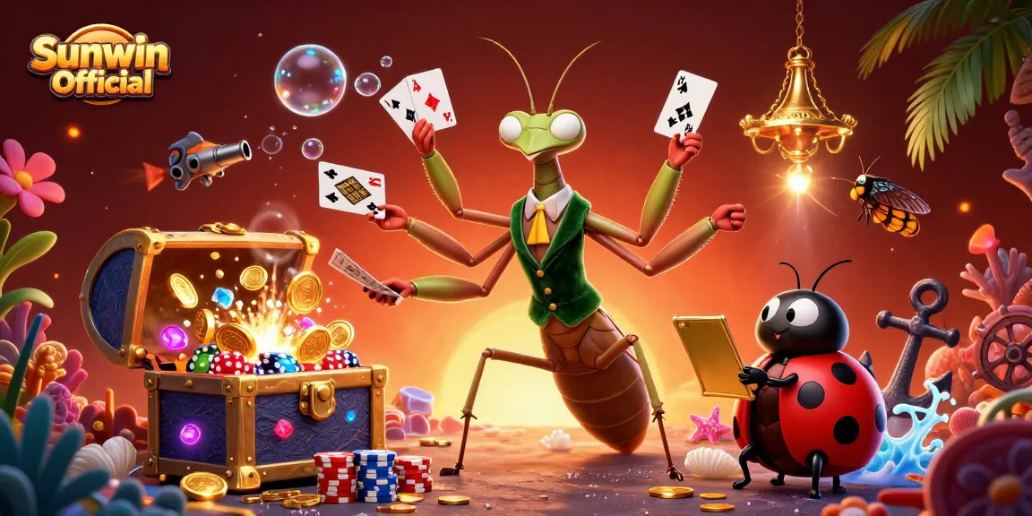 Engaging Sunwin Official online casino illustration featuring a vibrant mantis and ladybug duo in action.