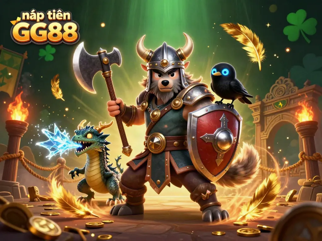 Engage in nạp tiền GG88 with exciting characters in a vibrant 3D casino scene, featuring golden tokens and swirling elements.