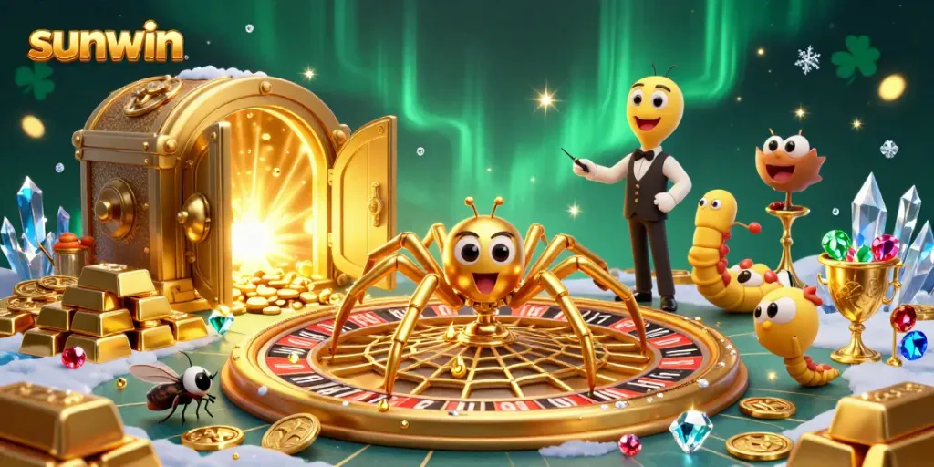 Experience sunwin's thrilling gaming scene with a golden spider, roulette, and abundant treasures.
