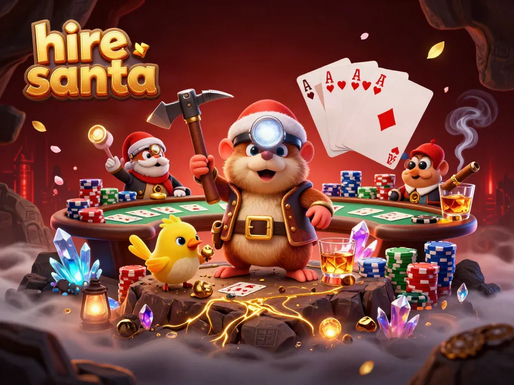 Hire Santa actors engaging in poker while mining gems, creating a festive gambling scene.