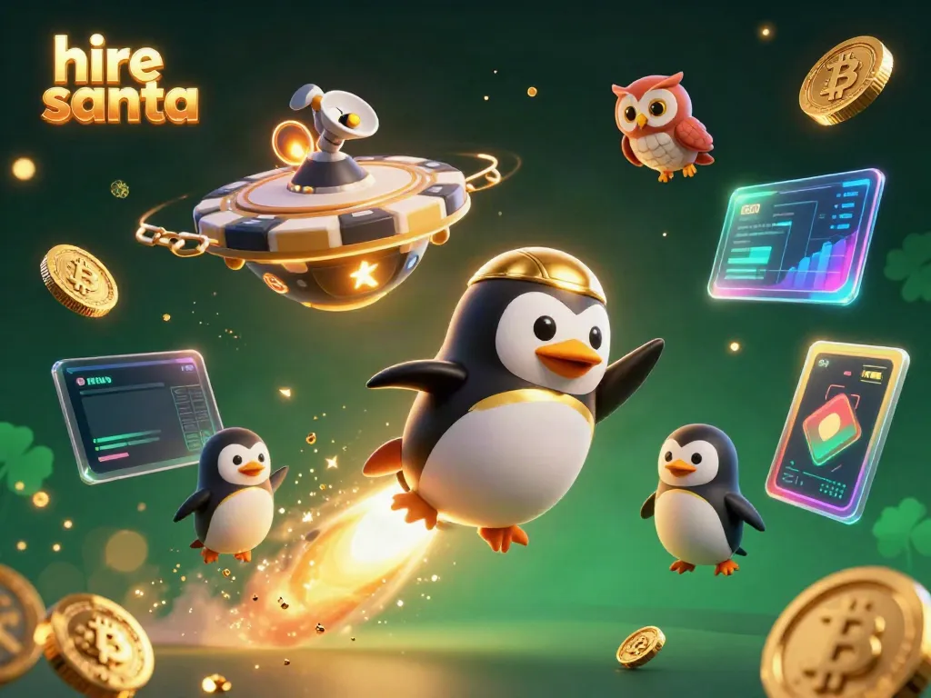 Engage with the festive spirit as you hire Santa for your event, featuring a whimsical penguin and casino elements.