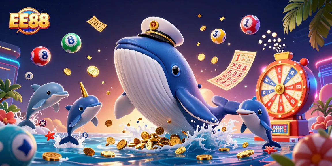 Experience the excitement of EE88 with a whale and dolphins in a vibrant casino scene.