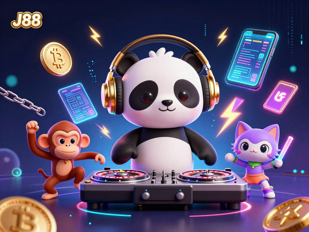 Experience J88's vibrant gaming atmosphere with an engaging DJ panda mixing and lively characters.