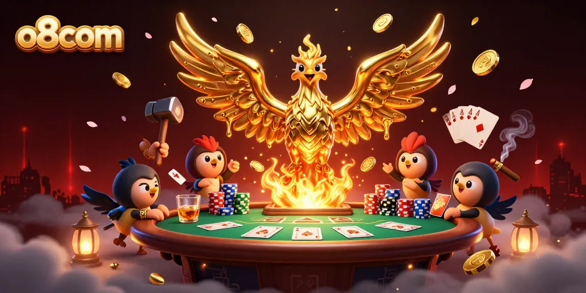 Experience lively gaming actions at o8com with poker tables, golden phoenix, and vibrant casino elements.