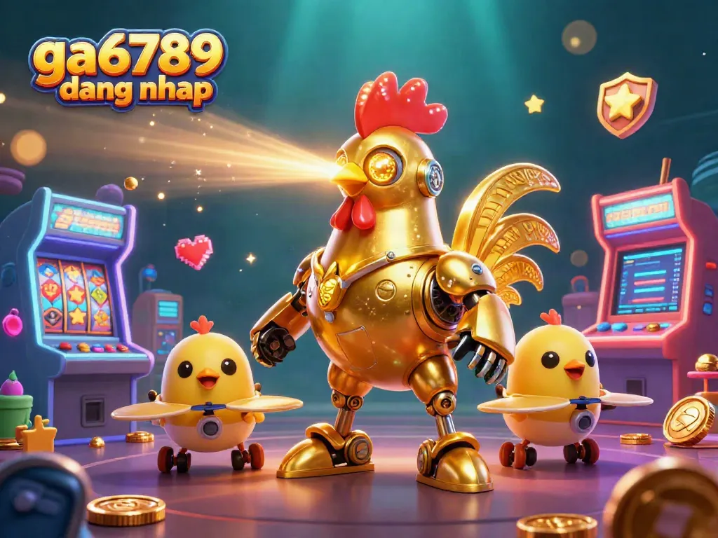 Activate your gaming journey with ga6789 dang nhap and the dynamic golden rooster robot in a vibrant casino-themed world.
