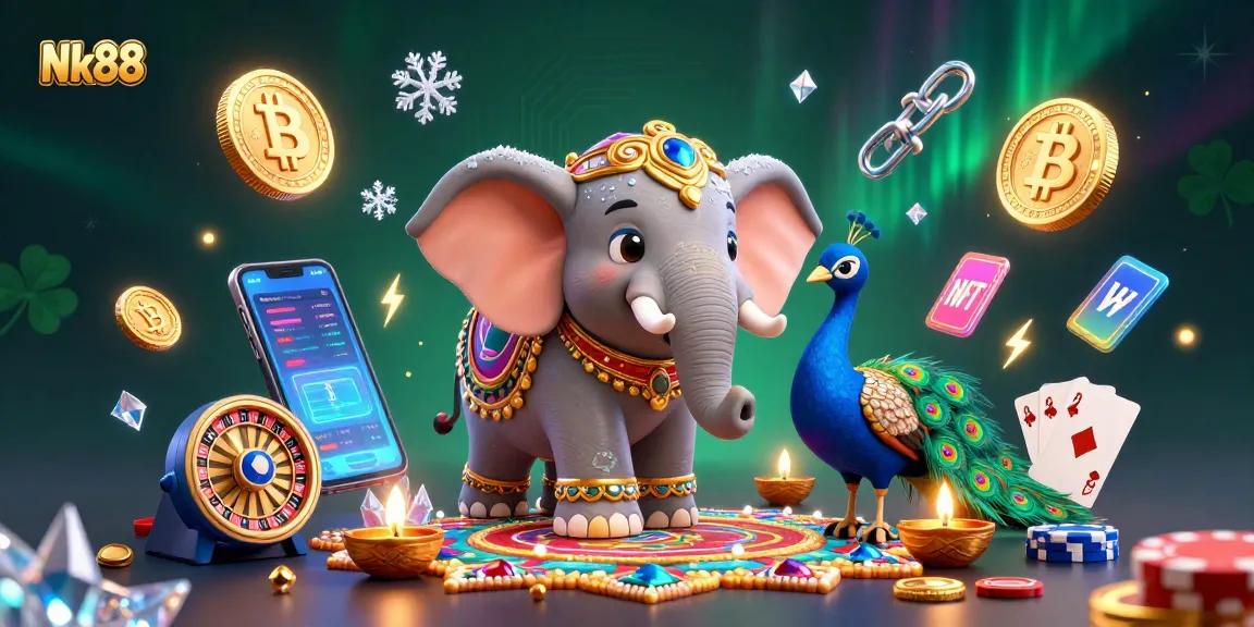 Nk88 promotes exciting casino experiences with vibrant elephant and peacock in a rich, colorful illustration.