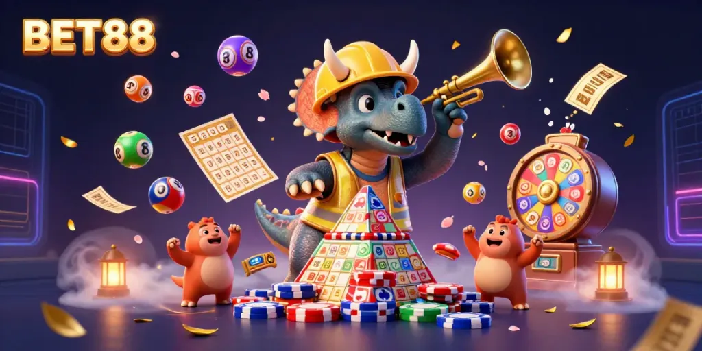Celebrate big wins with BET88 in this vibrant 3D casino scene featuring joyful dinosaurs.