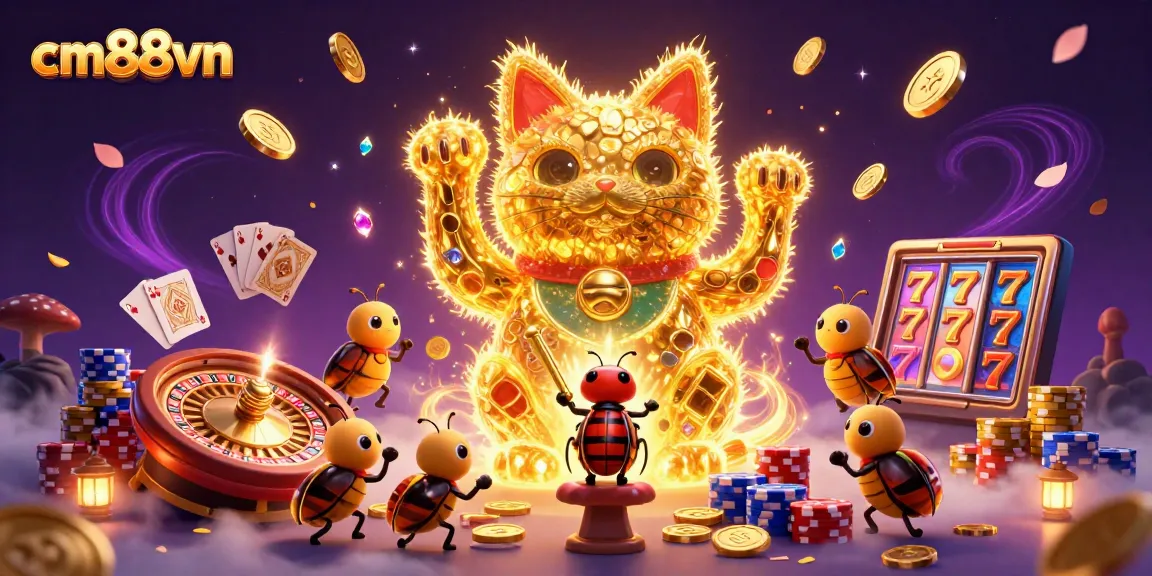 Experience the excitement at cm88vn with a vibrant 3D lucky cat, casino symbols, and falling gold coins.