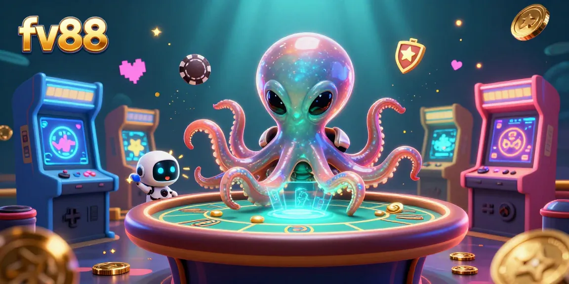 Experience thrilling poker action with fv88, featuring a cosmic octopus dealer and shining poker chips.