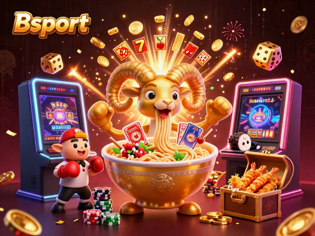 Bsport's colorful gaming scene with a golden ramen bowl dealer, slot machines, and dynamic characters.