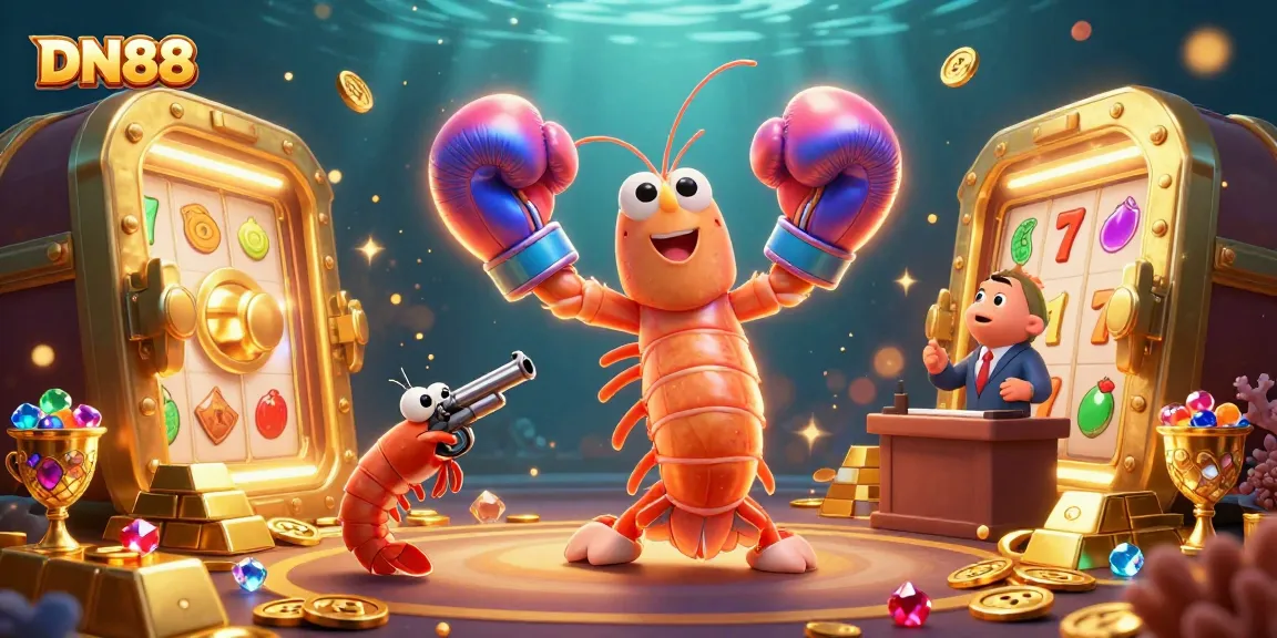 Spin the reels with DN88 in this vibrant casino scene featuring lively ocean characters.