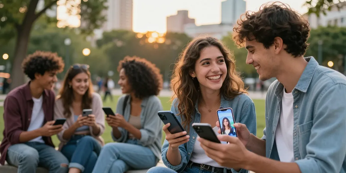 AI girlfriend interaction in a vibrant urban park, showcasing young couples enjoying modern relationships.