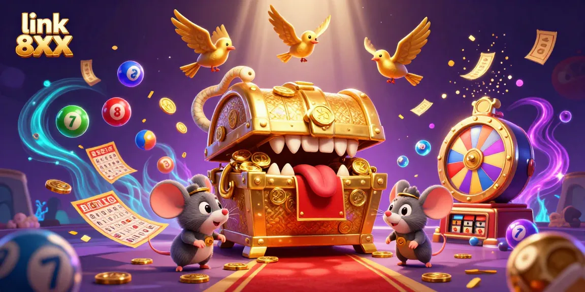 Experience excitement in link 8XX as adventurer mice approach a golden treasure chest mimic amidst gambling elements.